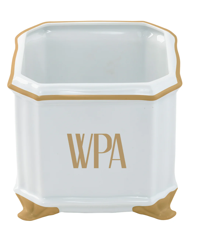 Ultra White Square Cache Pot with Monogram