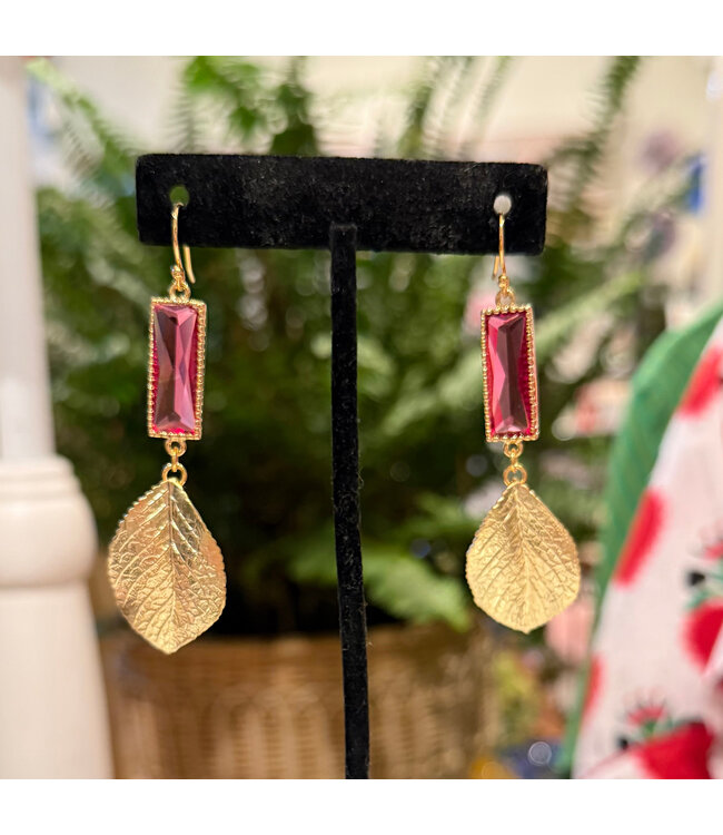 Dark Pink Gem & Leaf Drop Earrings