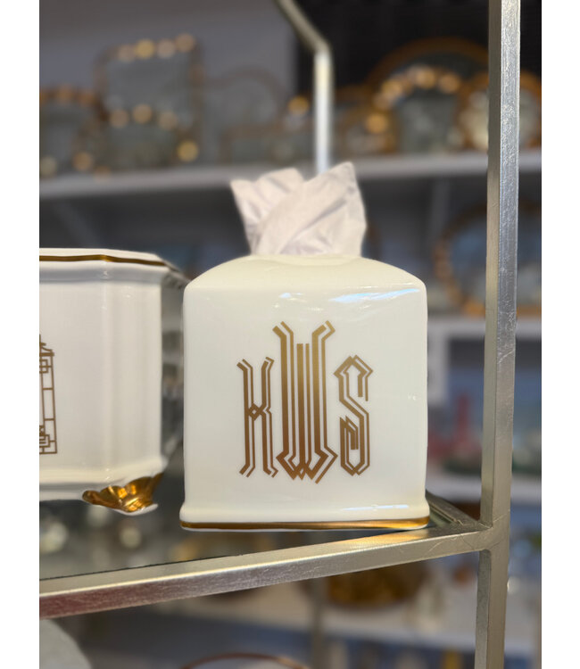 Ultra White Signature Gold Tissue Box with Monogram