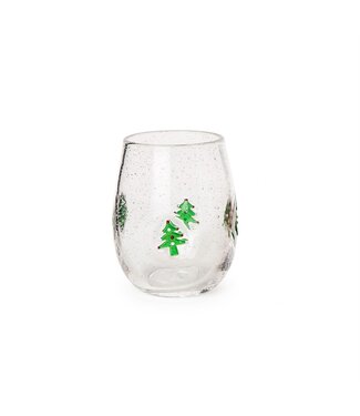Two's Company Holiday Clear Bubble Stemless Wine Glass with Tree