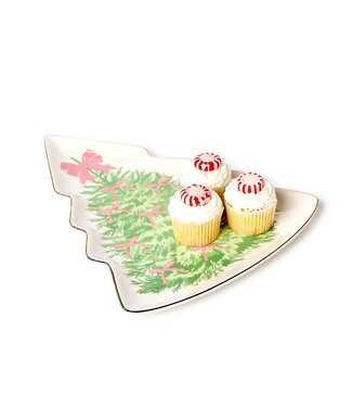 Two's Company Bow-tiful Trees Christmas Tree Shape Plate with Gold Metallic Rim