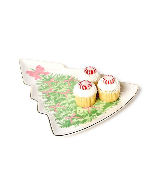 Bow-tiful Trees Christmas Tree Shape Plate with Gold Metallic Rim