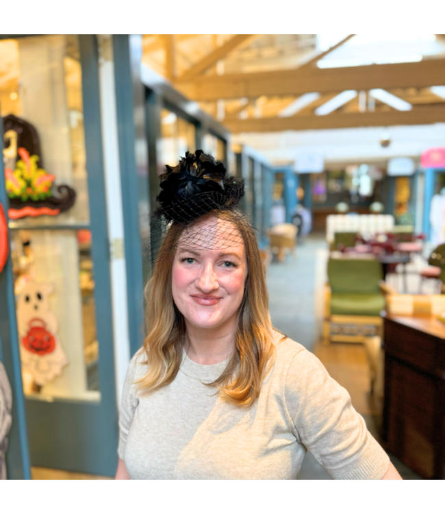 Halloween Feather Fascinator with Birdcage Veil and Flower