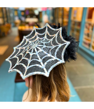 Leah Roeber Halloween Large Sequin Spiderweb Basketweave Fascinator with Feathers