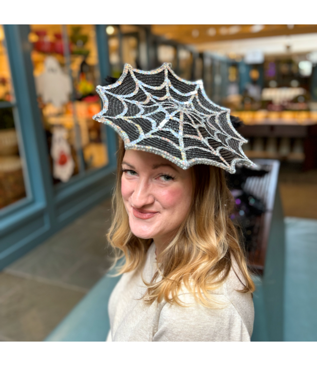 Halloween Large Sequin Spiderweb Basketweave Fascinator with Feathers