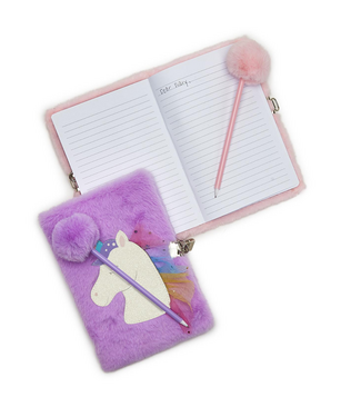 Two's Company Glitter Unicorn Journal with Lock and Pop Pom Pen - Purple