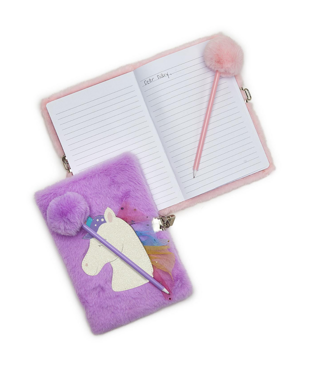 Glitter Unicorn Journal with Lock and Pop Pom Pen - Purple