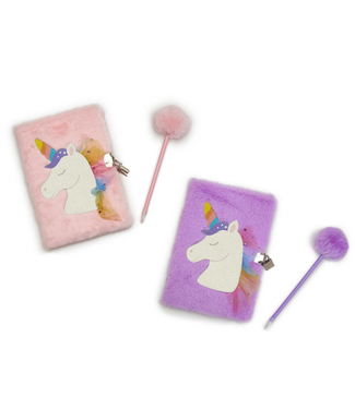 Two's Company Glitter Unicorn Journal with Lock and Pop Pom Pen - Pink