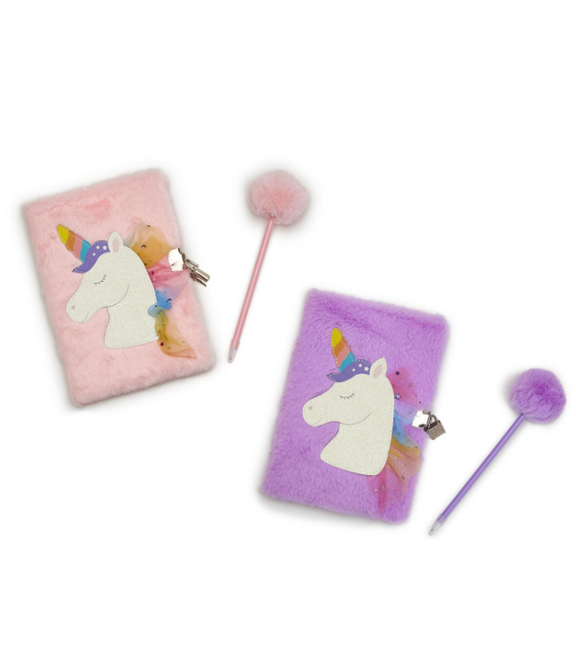 Glitter Unicorn Journal with Lock and Pop Pom Pen - Pink