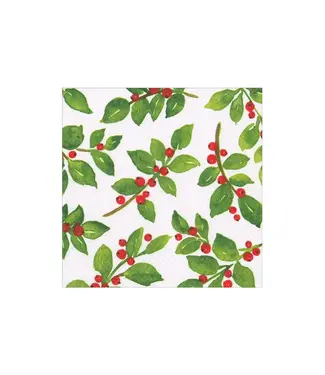 Caspari Painted Holly White Recycled Cocktail Napkins - includes 20 Cocktail Napkins