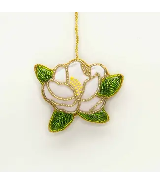 The Royal Standard Magnolia Beaded Ornament  Cream/Green  4"