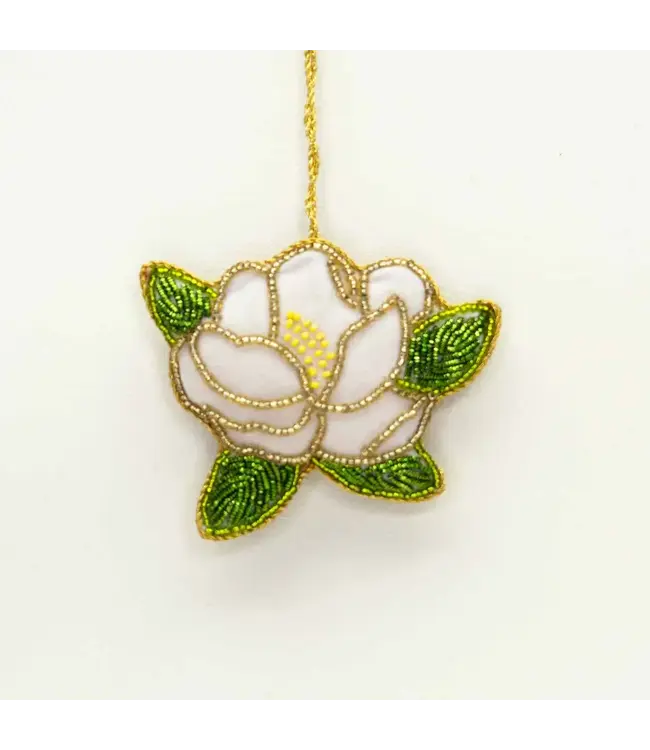 Magnolia Beaded Ornament  Cream/Green  4"