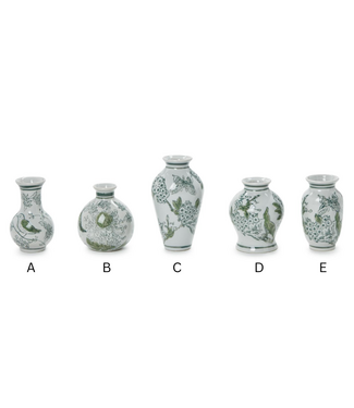 Two's Company Primrose and Lotus Hand-Painted Mini Green and White Chinoiserie Vase