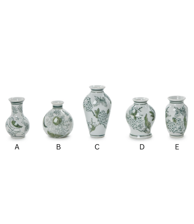 Primrose and Lotus Hand-Painted Mini Green and White Chinoiserie Vase