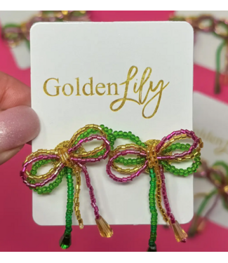 Golden Lily Mardi Gras Earrings - Mini Mardi Gras Bow Earrings 