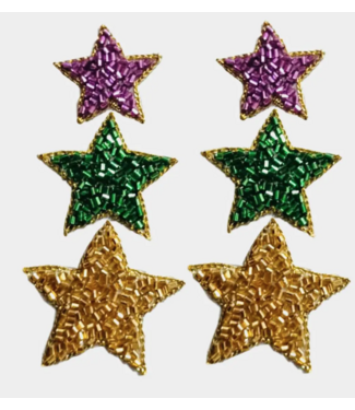 Golden Lily Mardi Gras Earrings - Seed Bead Triple Star Earrings 
