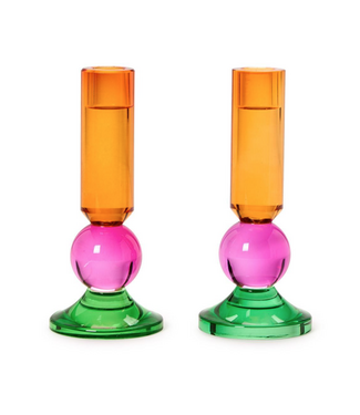 Two's Company Color Pop Set of 2 Glass Taper Candlestick Candleholders Green/Pink/Orange
