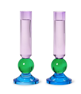 Two's Company Color Pop Set of 2 Glass Taper Candlestick Candleholders Blue/Green/Purple