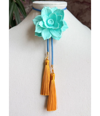 Rahya Jewelry Design Lotus Flower Bolo Turquoise with Ocean Blue & Golden Yellow