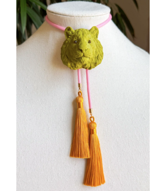 Rahya Jewelry Design Tiger Bolo Olive Green with Bubblegum Pink & Golden Yellow