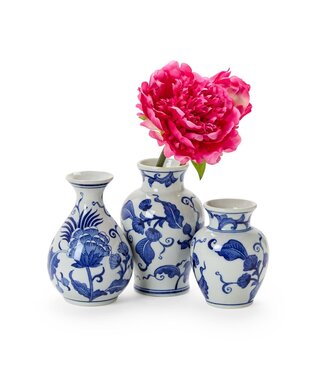 Two's Company Hand-Painted Blue and White Floral Chinoiserie Vases, Assorted