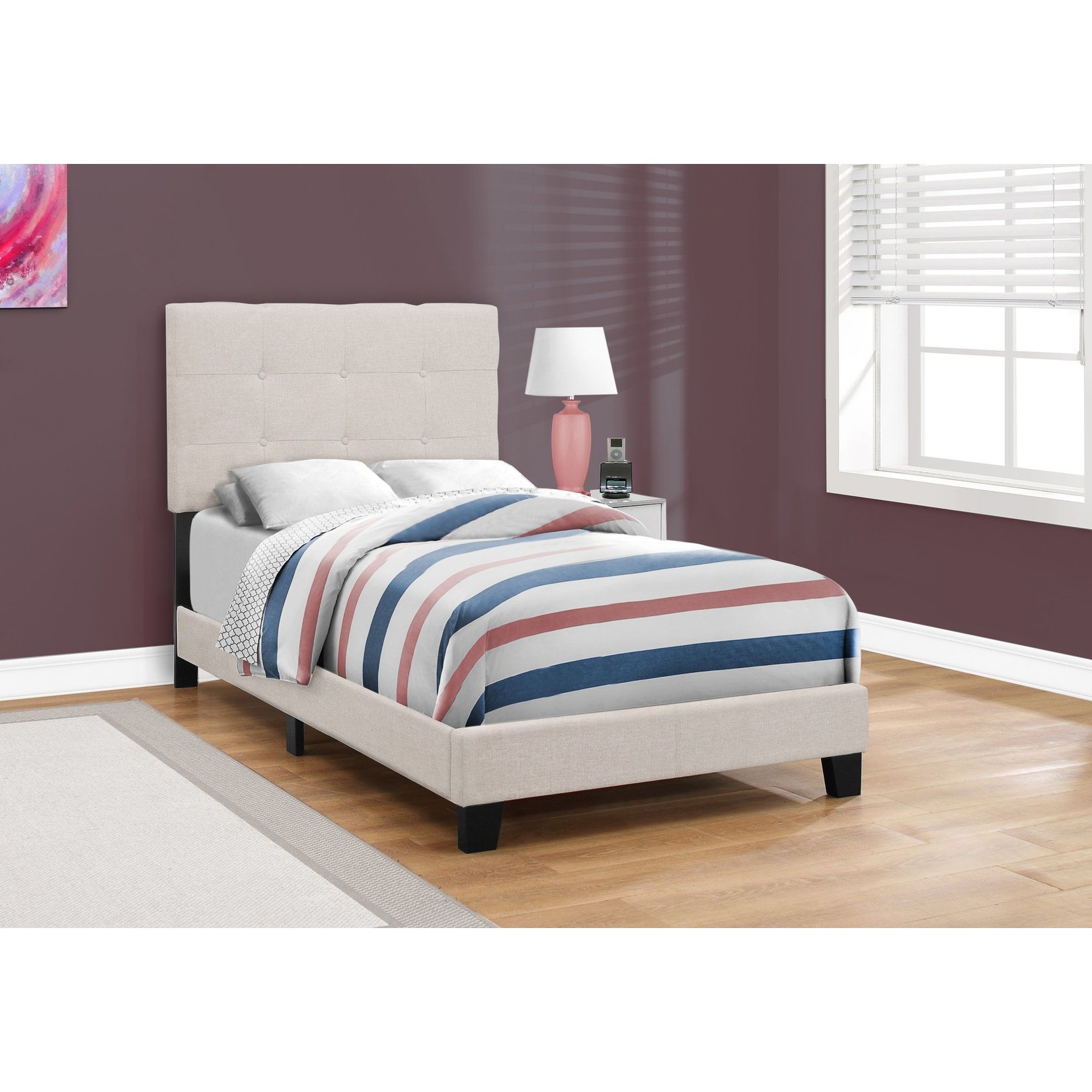Beige Linen Upholstered Bed Frame, Twin