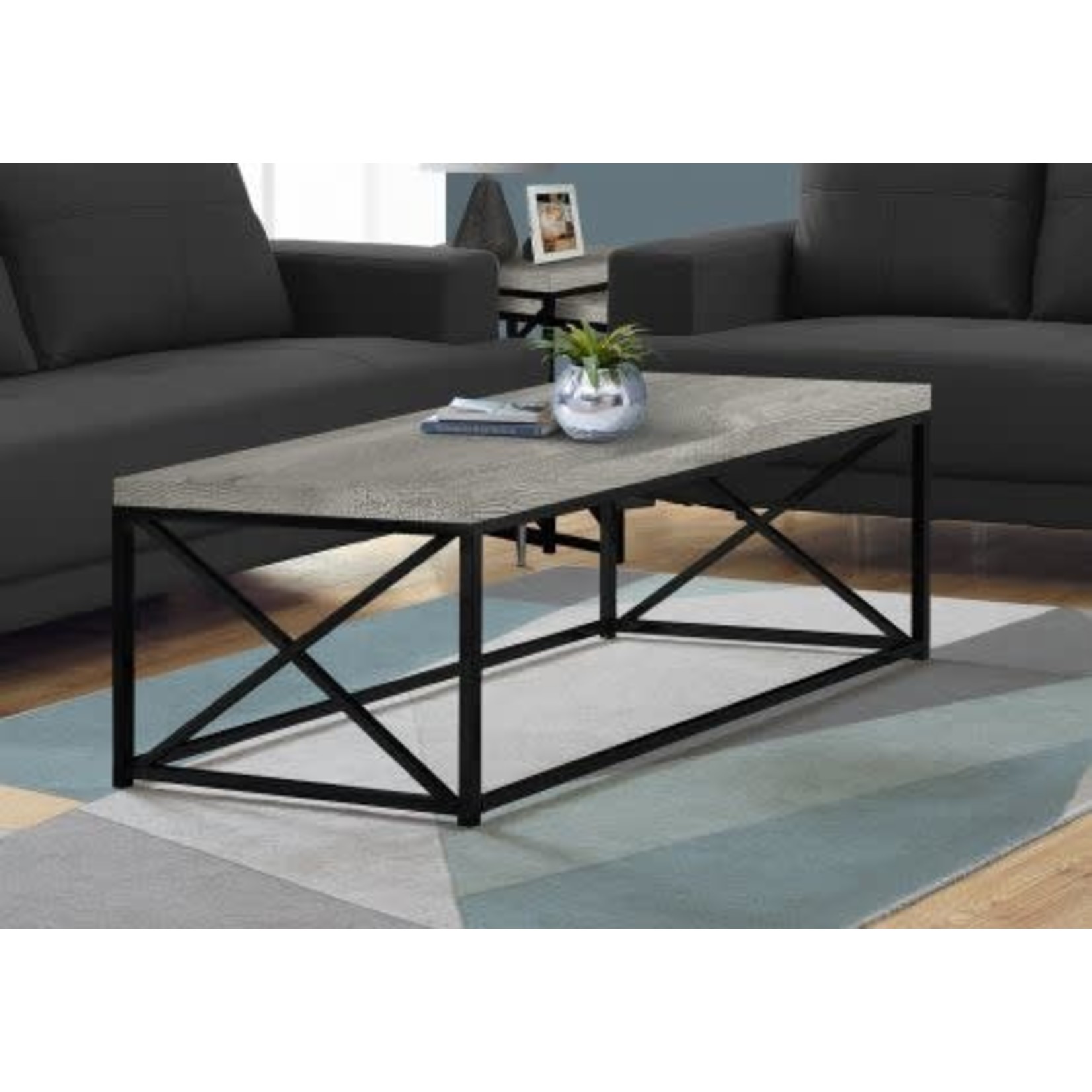 COFFEE TABLE BLACK METAL BASE, GREY RECLAIMED WOOD