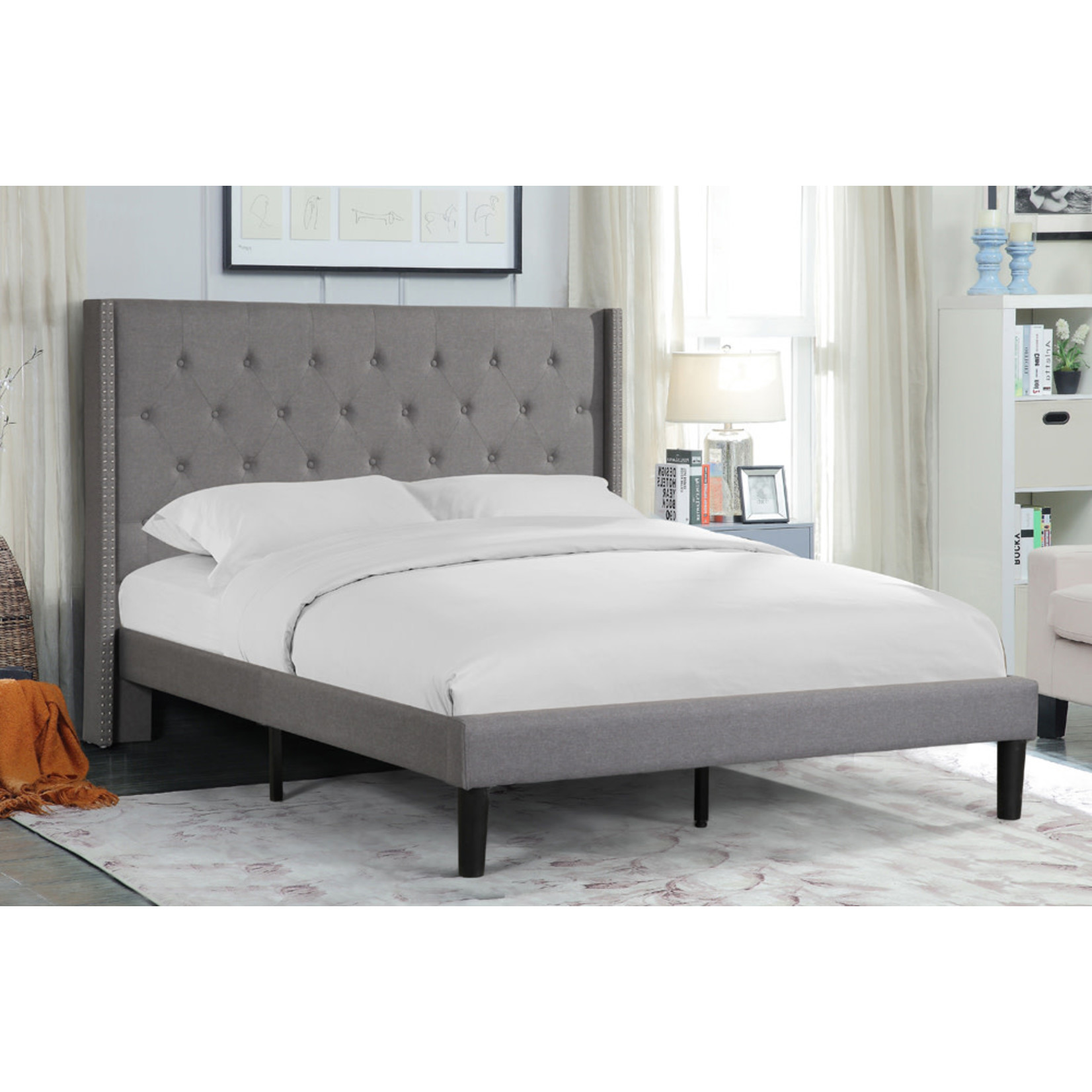 CADRE DE LIT REMBOURRÉ - LIT DOUBLE - GRIS