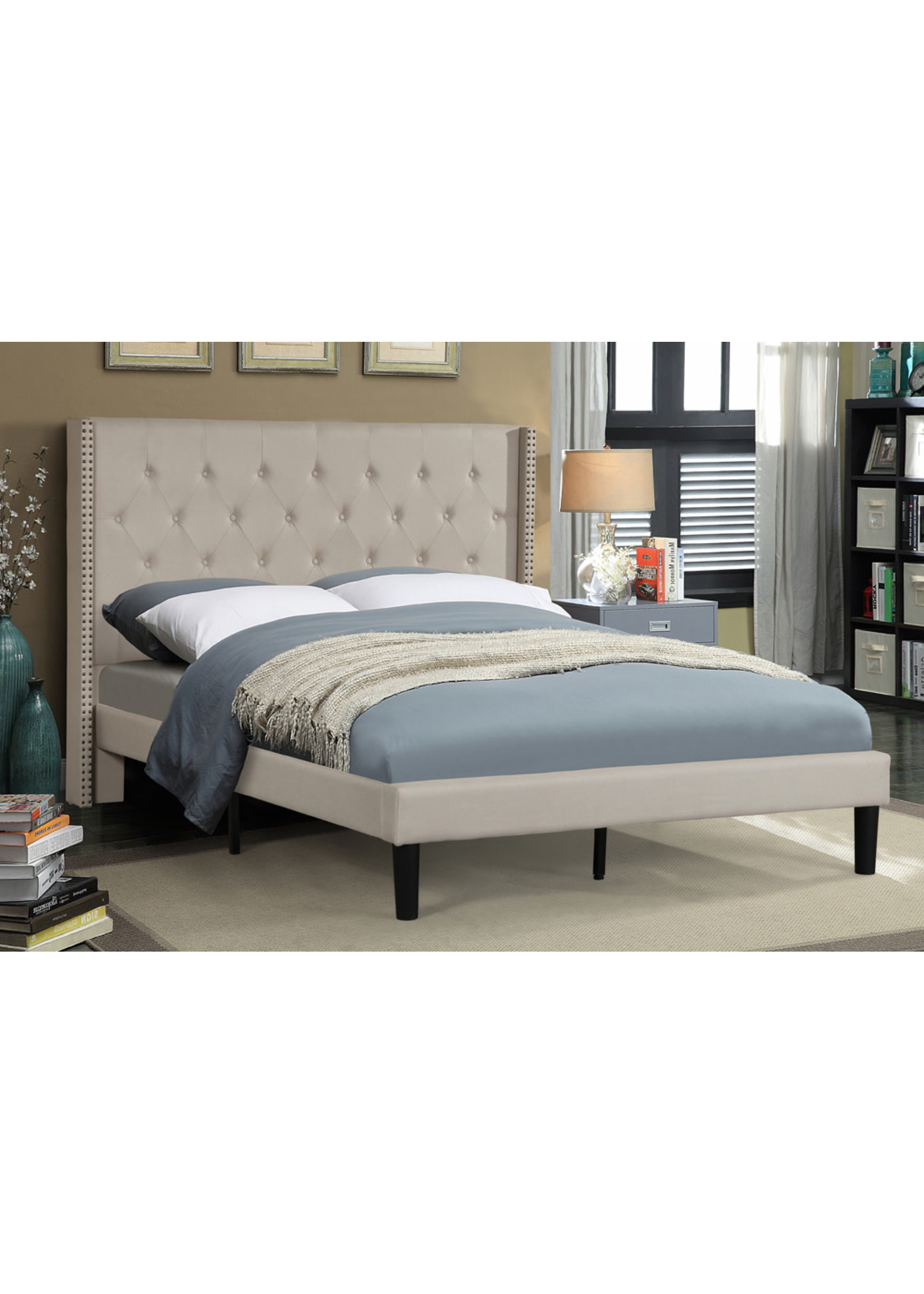 KING T2352-78 BEIGE UPHOLSTERED BED FRAME