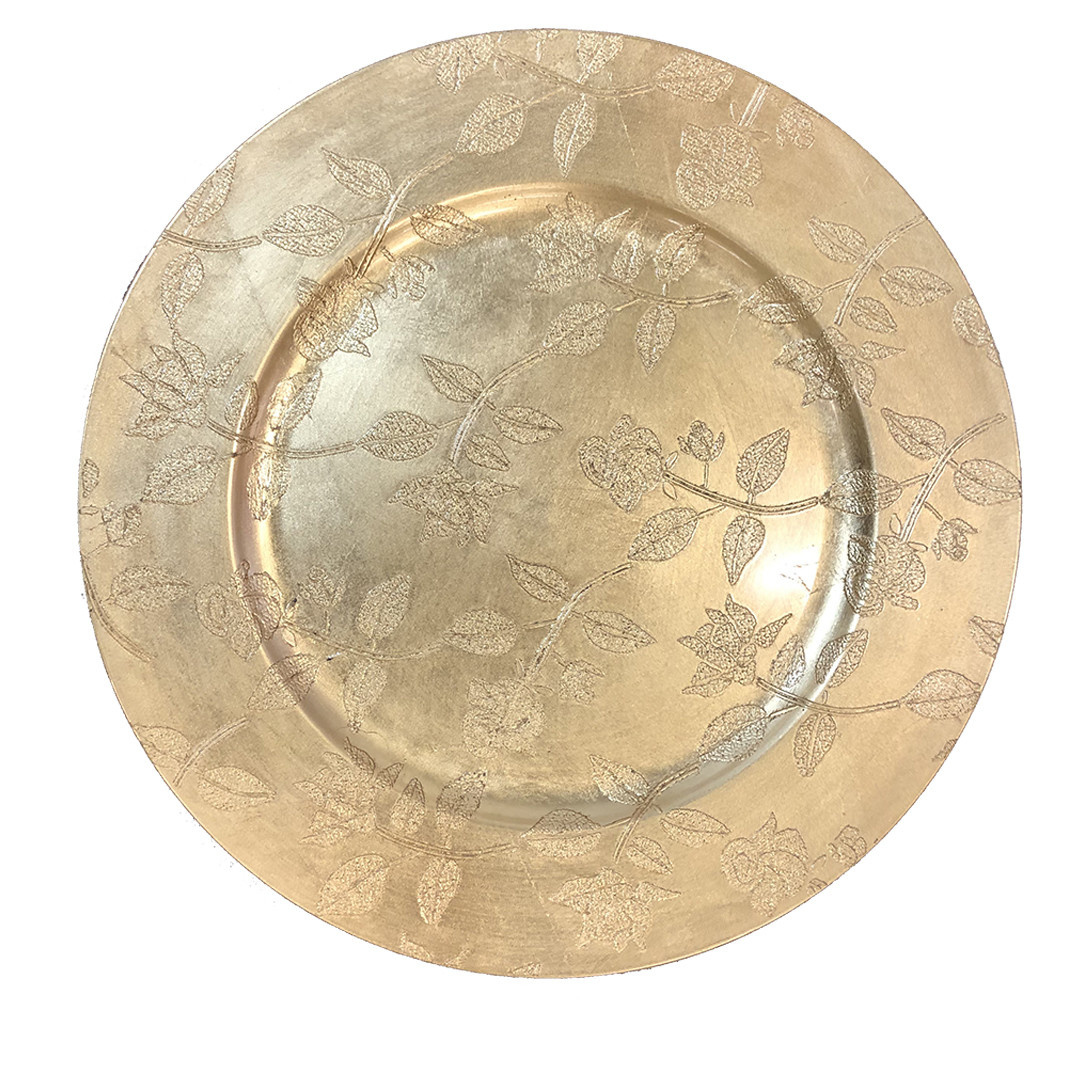 13" FLORAL GOLD CHARGER PLATE MAISON CAPLAN