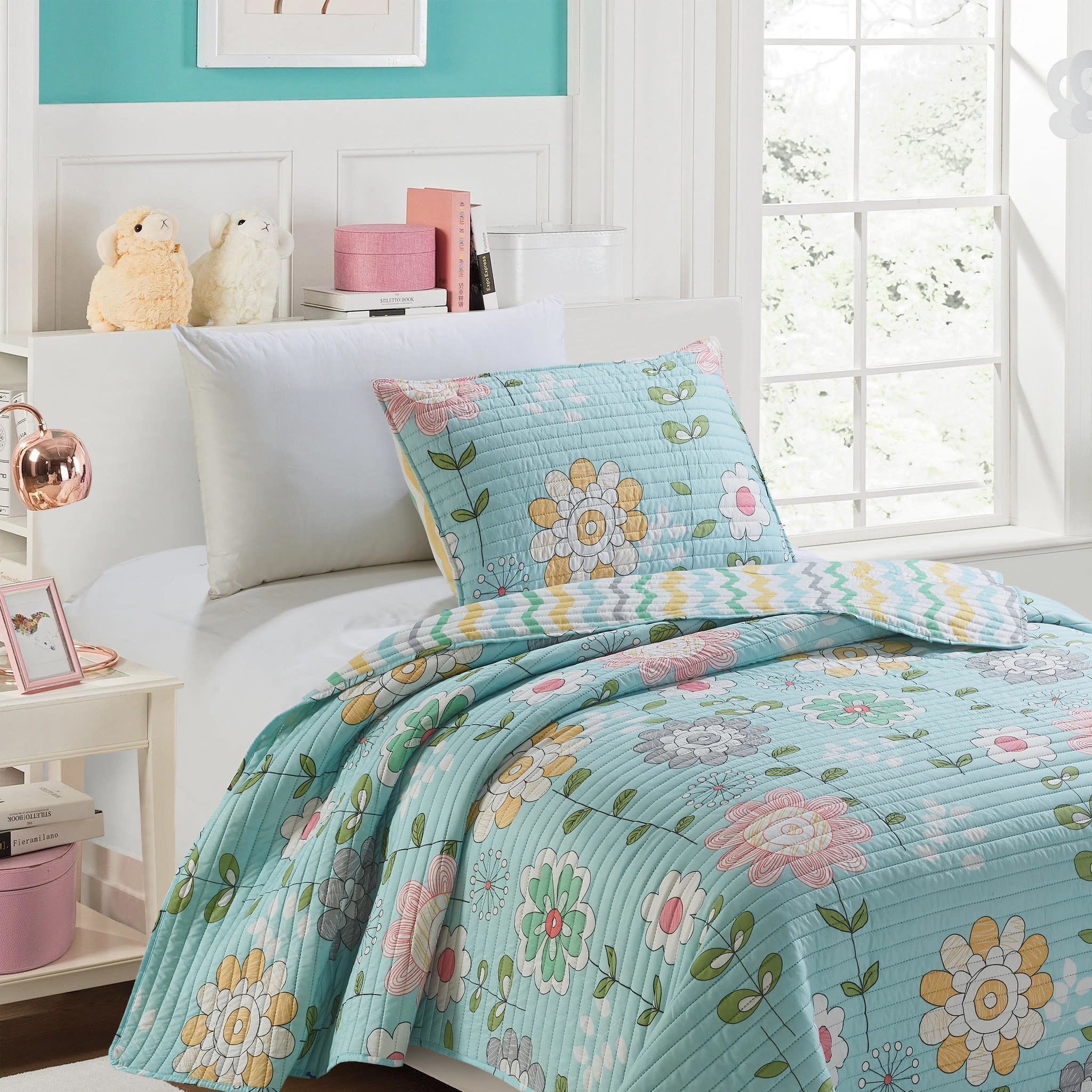 Twin 2pc Quilt Margarita Blossoms Turquoise Maison Caplan