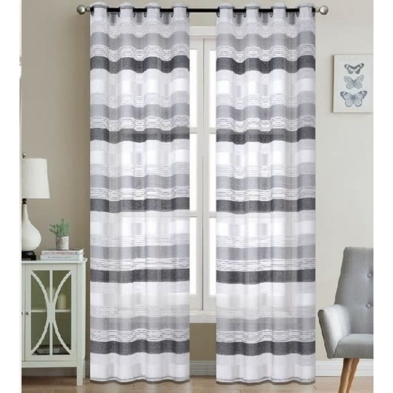 63" GREY STRIPED CHENILLE GROMMET PANEL SHEER
