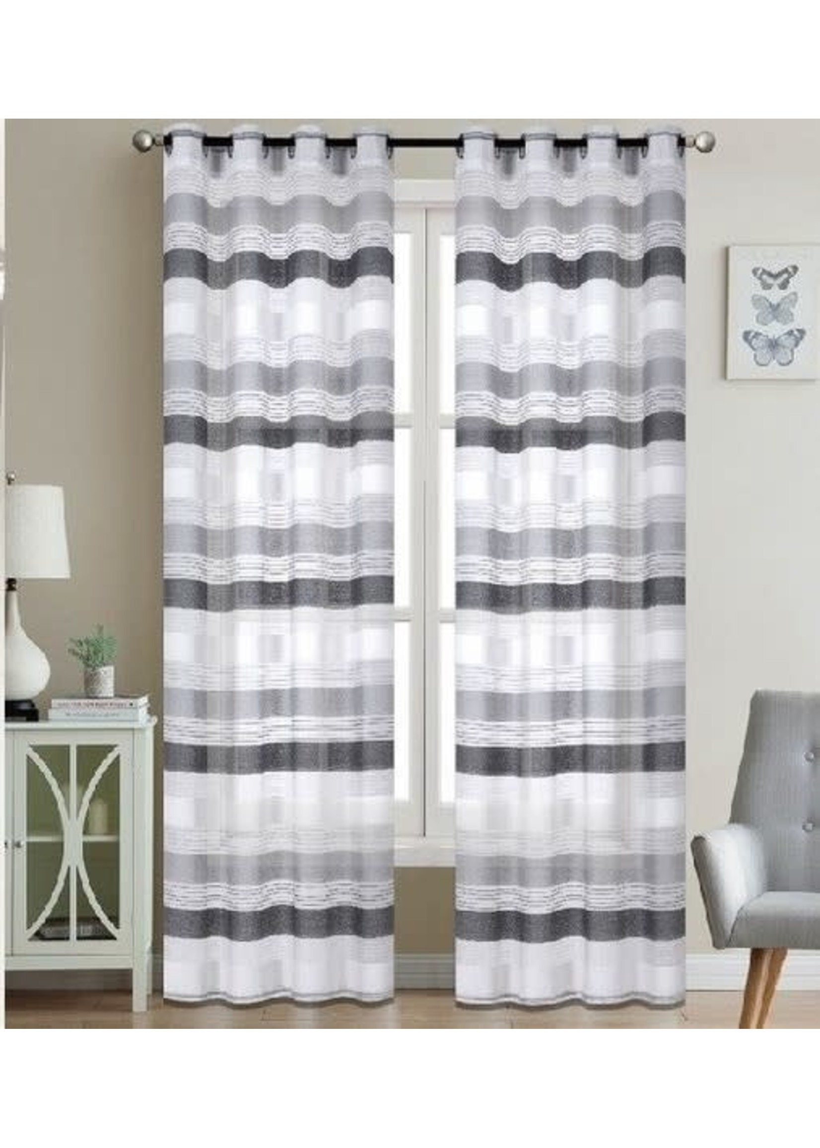 63" GREY STRIPED CHENILLE GROMMET PANEL SHEER