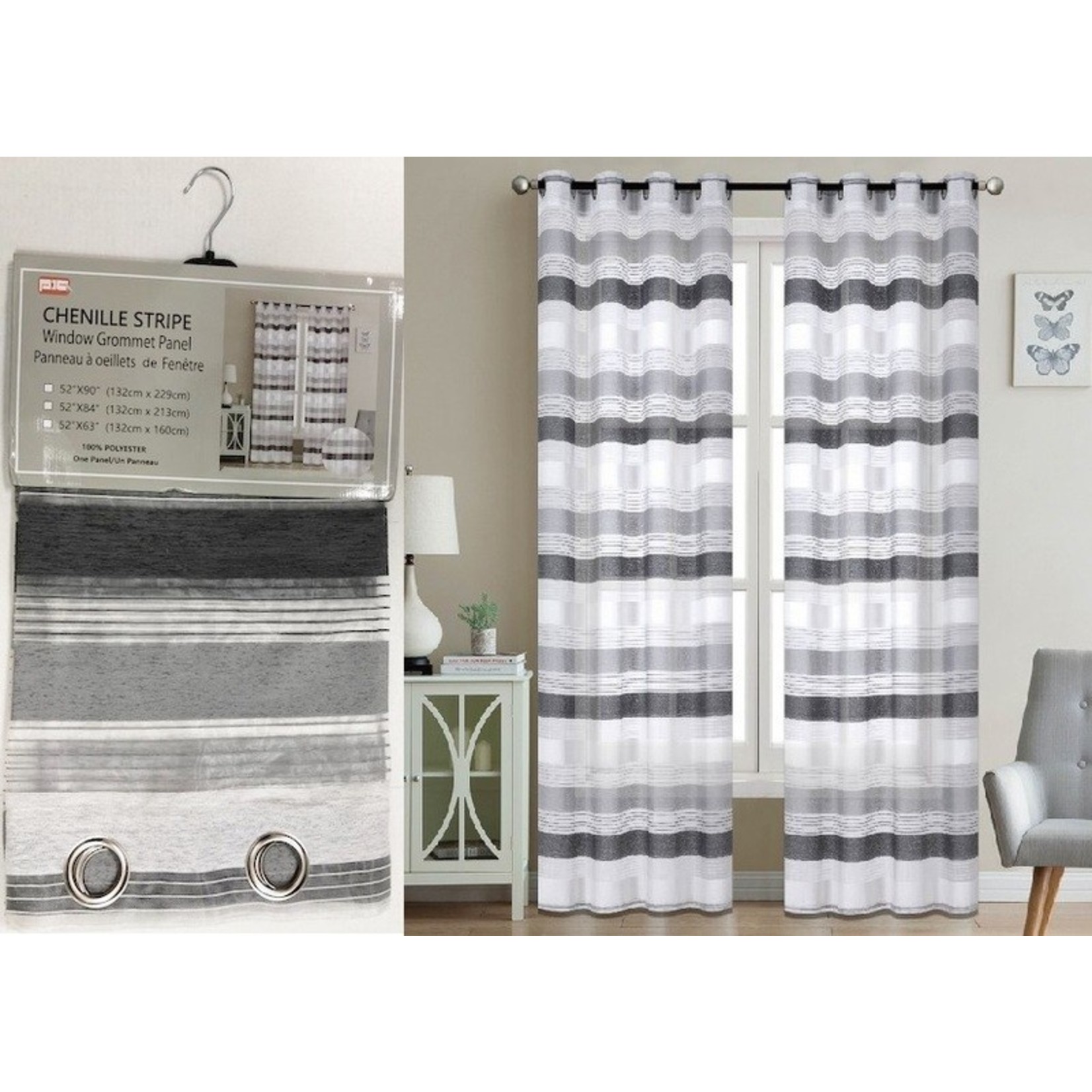 84" GREY STRIPED CHENILLE GROMMET PANEL SHEER