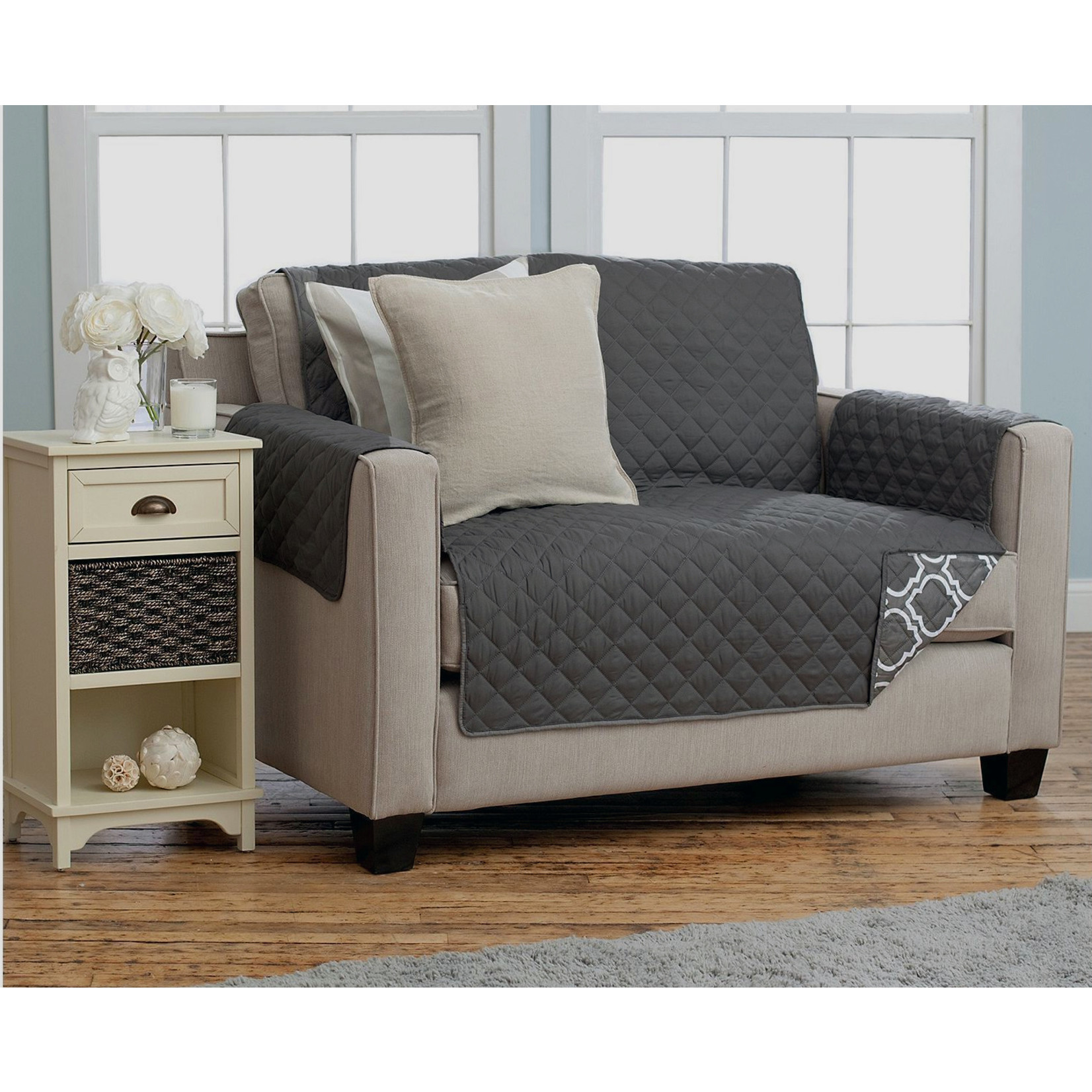 Loveseat Cover Reversible Grey Lattice