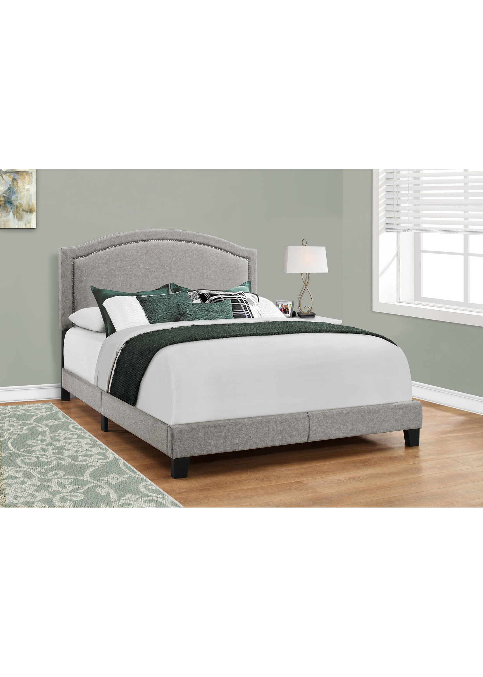 QUEEN GREY LINEN BED FRAME WITH CHROME NAIL TRIM