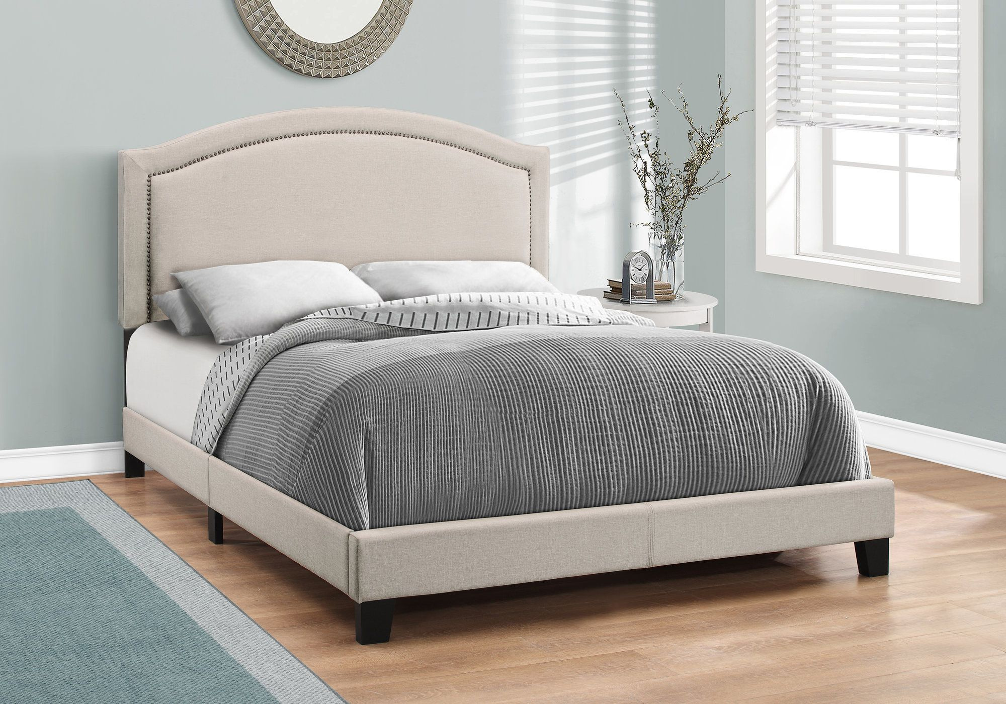 QUEEN BEIGE LINEN BED FRAME WITH CHROME NAIL TRIM MAISON CAPLAN