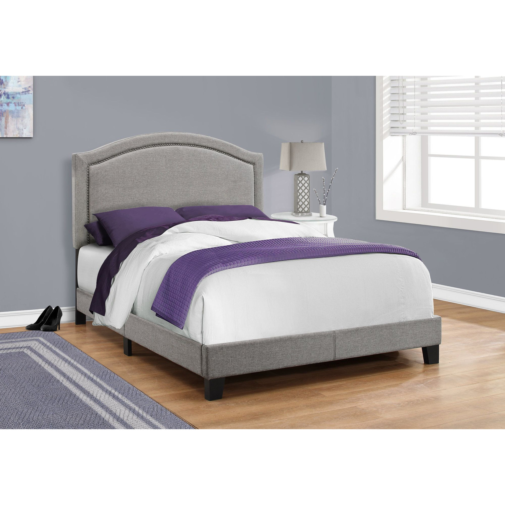 FULL GREY LINEN BED FRAME WITH CHROME NAIL TRIM
