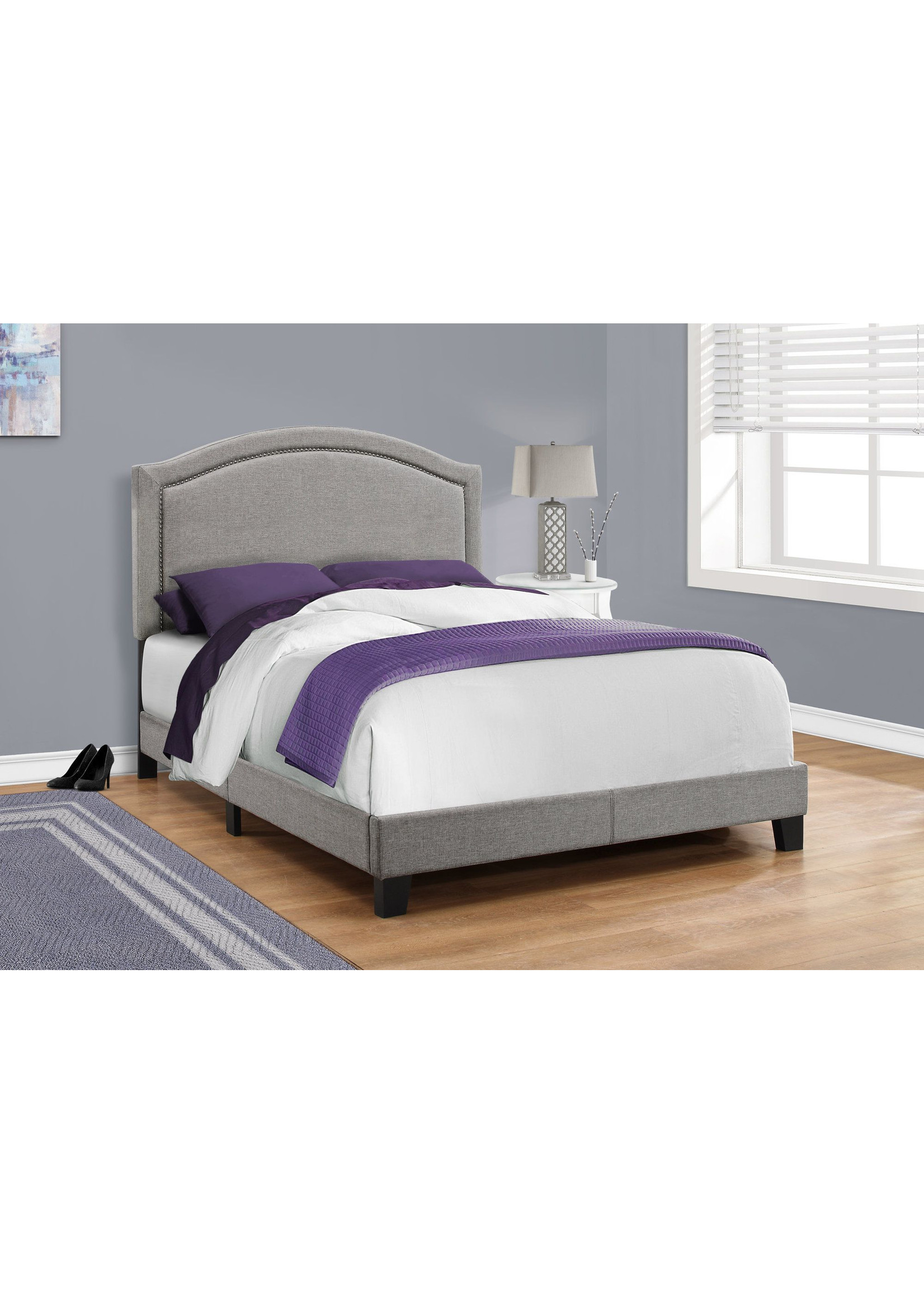 FULL GREY LINEN BED FRAME WITH CHROME NAIL TRIM MAISON CAPLAN