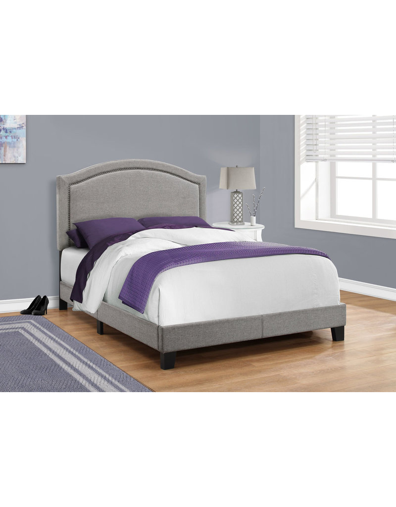 FULL GREY LINEN BED FRAME WITH CHROME NAIL TRIM MAISON CAPLAN