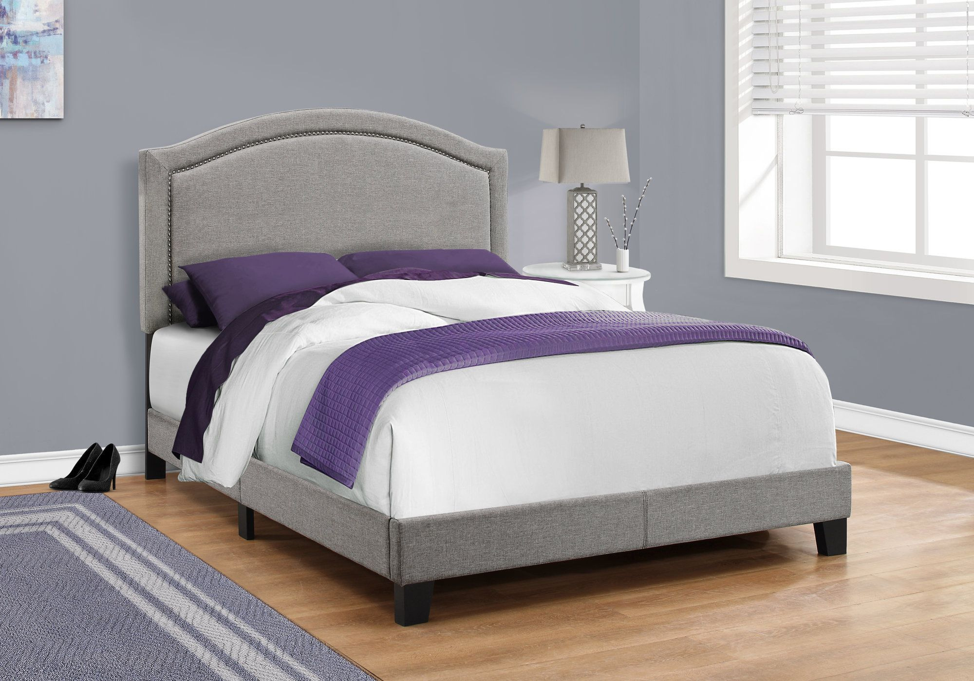 FULL GREY LINEN BED FRAME WITH CHROME NAIL TRIM MAISON CAPLAN