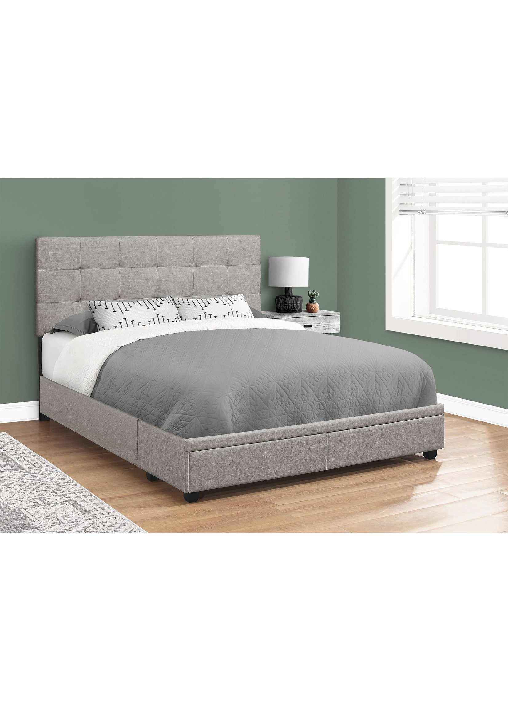 QUEEN GREY LINEN BED FRAME WITH 2 STRORAGE DRAWERS