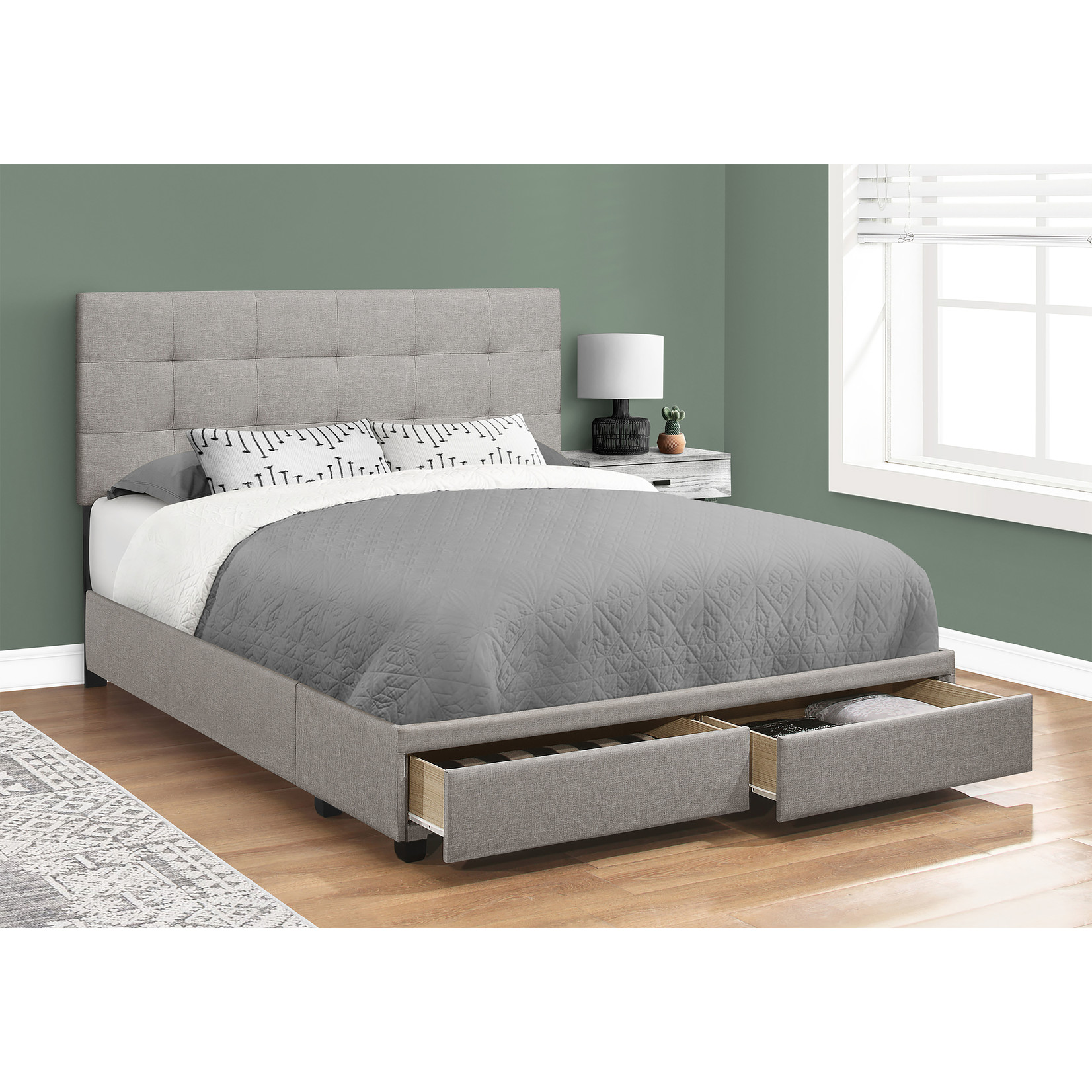 QUEEN GREY LINEN BED FRAME WITH 2 STRORAGE DRAWERS