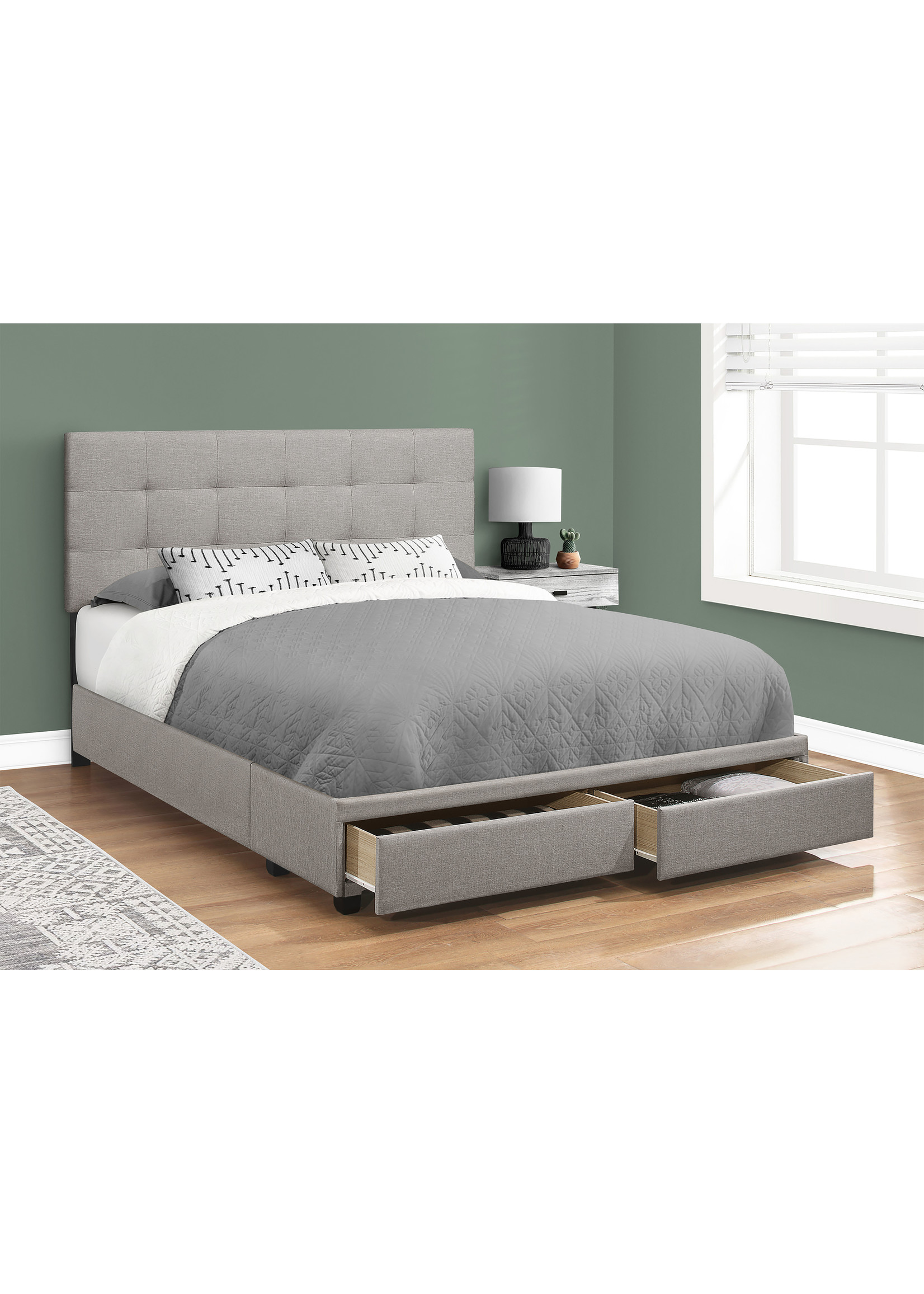 QUEEN GREY LINEN BED FRAME WITH 2 STRORAGE DRAWERS