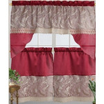 Ens.de 3 Pièce Rideau de Cuisine Butin de Dentelle et Étages Feuilles/Rouge