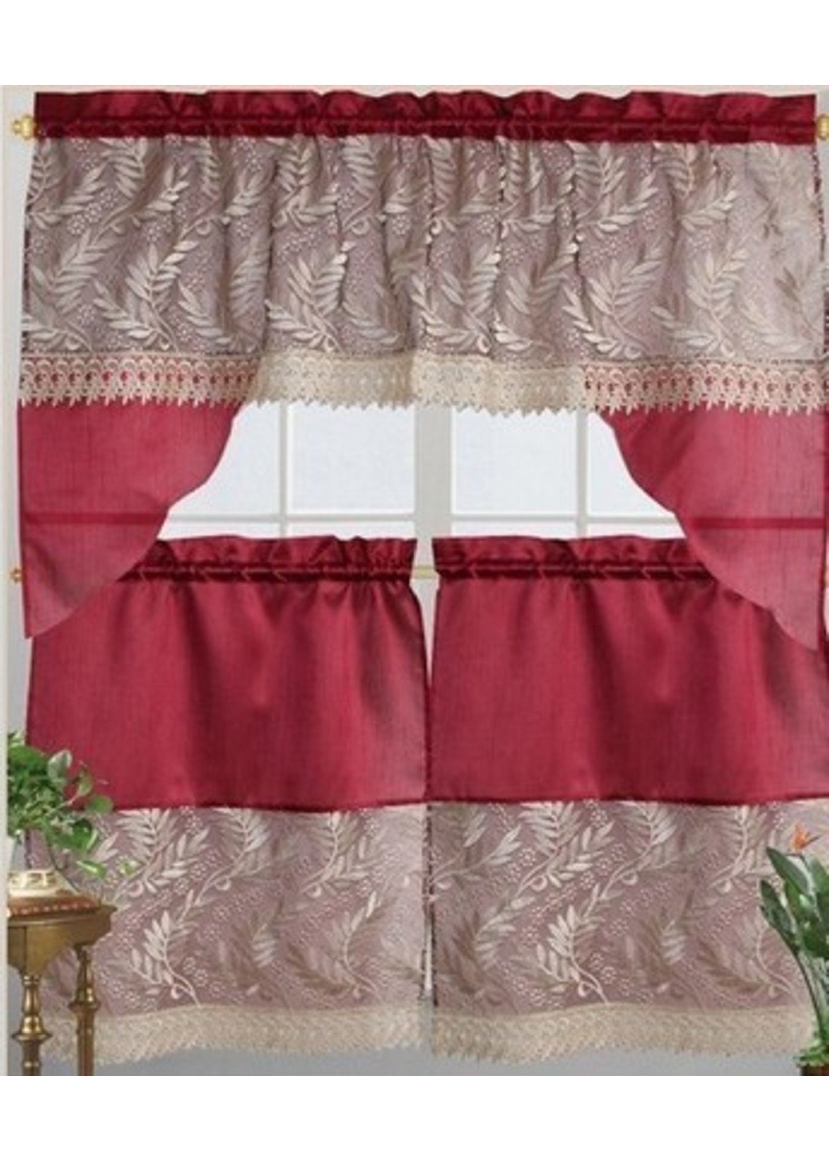 3 pcs Lace Swag &Tier Set-Leaves/Red