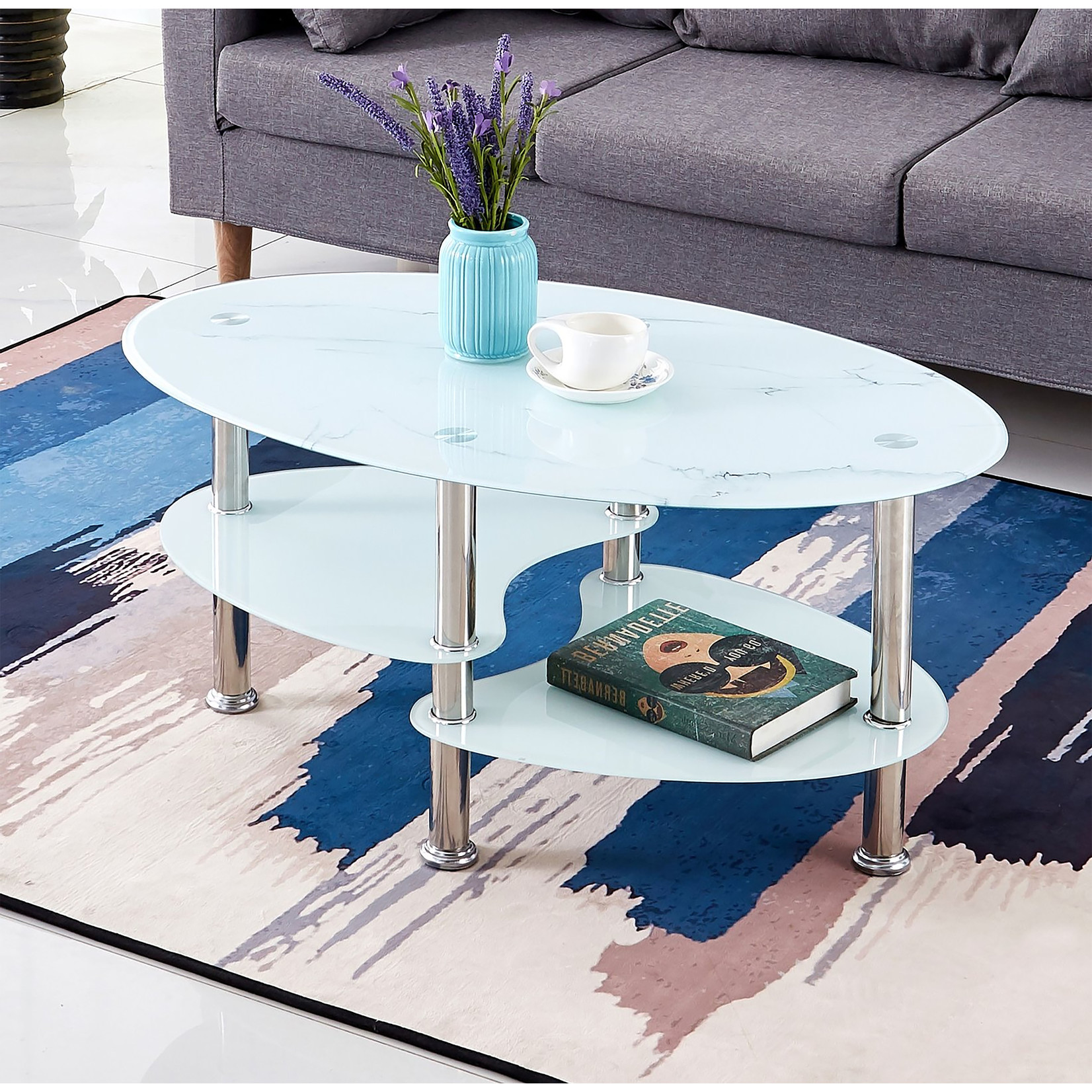 TABLE BASSE OVALE DE VERRE EN MARBRE BLANC