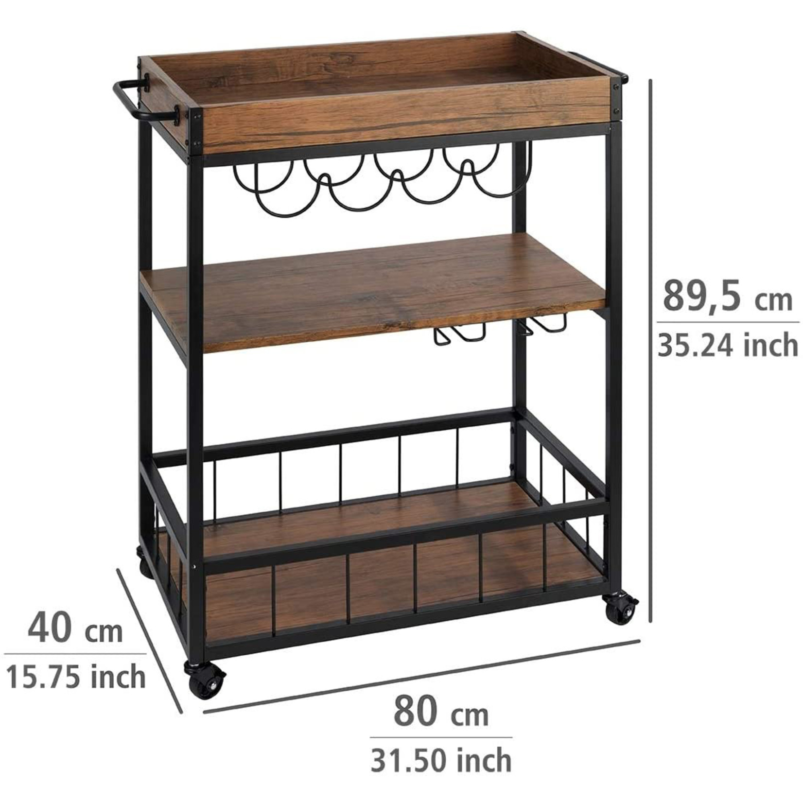 3-Tier Trolley Bar Cart Rustic