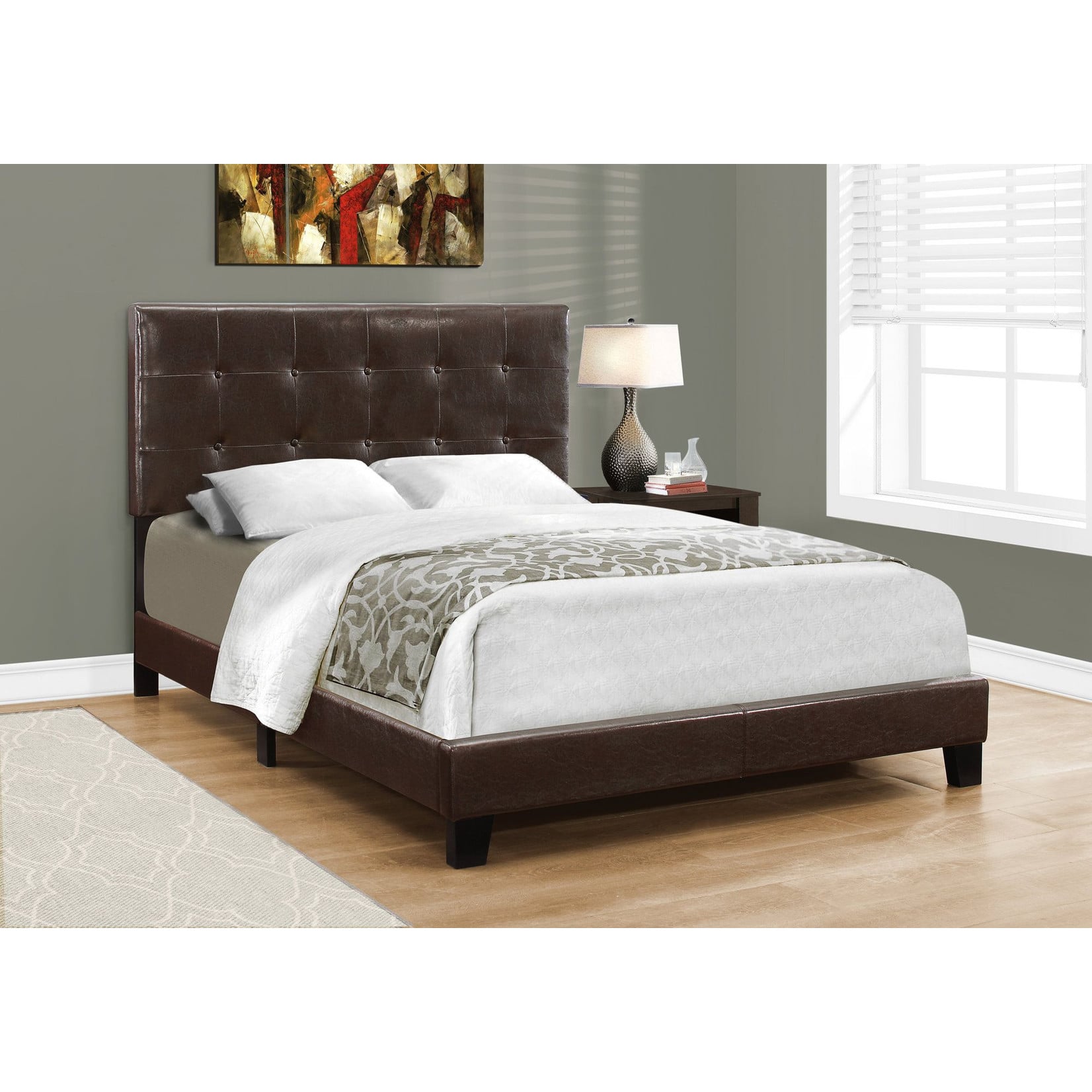 Faux Leather Upholstered Bed Frame, Dark Brown, Queen