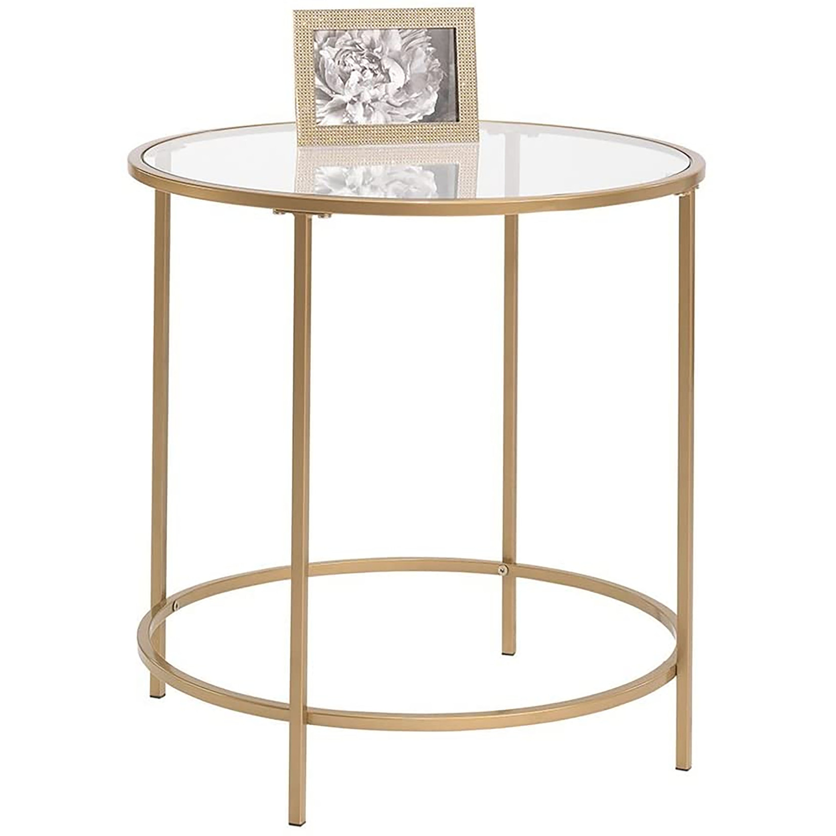 TABLE D'APPOINT RONDE EN VERRE, FINITION DORÉE